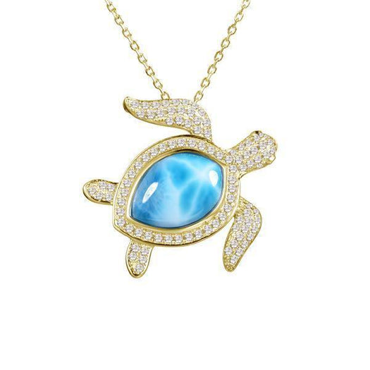 The picture shows a 14K yellow gold sea turtle pendant with a larimar gemstone and diamonds.