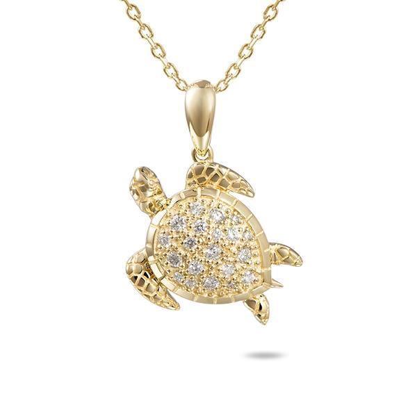 The picture shows a 14K yellow gold sea turtle pendant with diamonds.