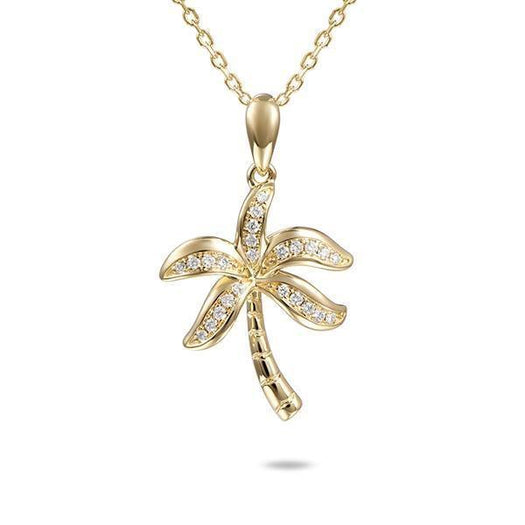 In this photo there is a yellow gold palm tree pendant with diamonds.