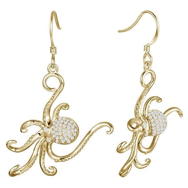 The picture shows a pair of 14K yellow gold octopus earrings with diamonds.