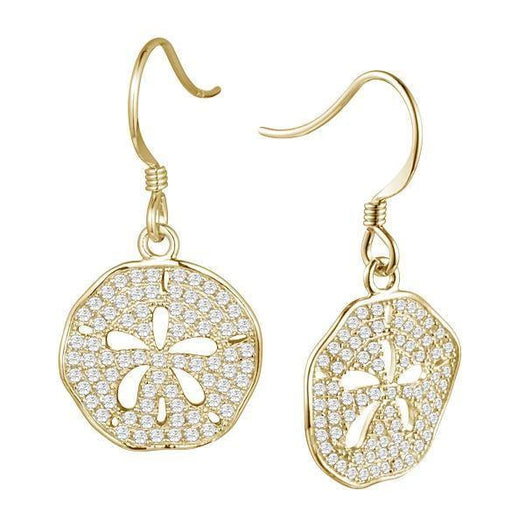The picture shows a pair of 14K yellow gold pavé diamond sand dollar cut-out hook earrings.