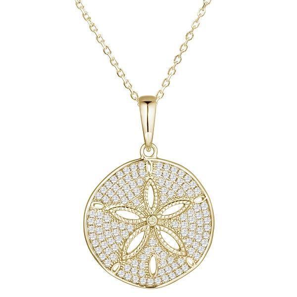 The picture shows a large 14K yellow gold pavé sand dollar pendant with diamonds.