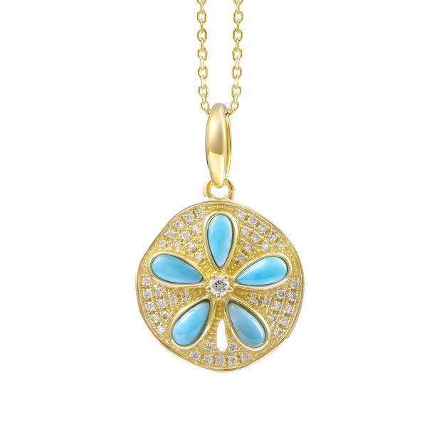 The picture shows a 14K yellow gold pave diamond larimar sand dollar pendant with topaz.