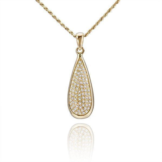 The picture shows a 14K yellow gold pavé teardrop pendant with diamonds.