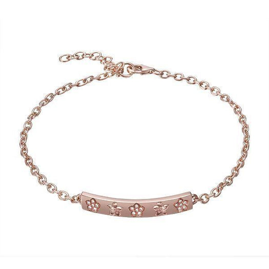 The picture shows a 14K rose gold plumeria bar bracelet with diamonds.