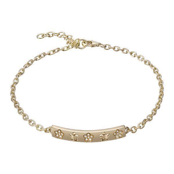 The picture shows a 14K yellow gold plumeria bar bracelet with diamonds.