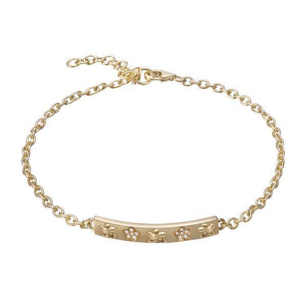 The picture shows a 14K yellow gold plumeria bar bracelet with diamonds.
