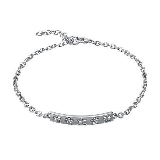 The picture shows a 14K white gold plumeria bar bracelet with diamonds.