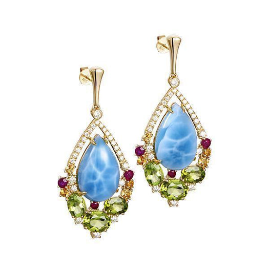 The picture shows a pair of 14K royal larimar earrings with peridot, rubies, and diamonds, and one hand-selected larimar gemstone.