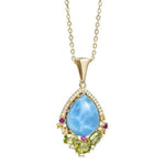 The picture shows a 14K yellow gold royal larimar pendant with peridot, rubies, and diamonds.