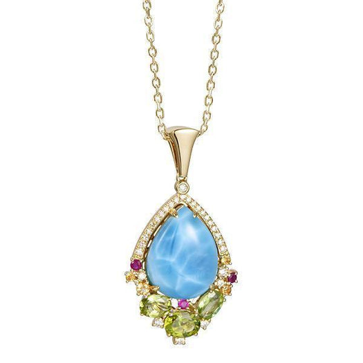 The picture shows a 14K yellow gold royal larimar pendant with peridot, rubies, and diamonds.