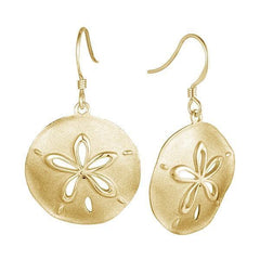 The picture shows a pair of 14K yellow gold cut out sand dollar hook earrings.