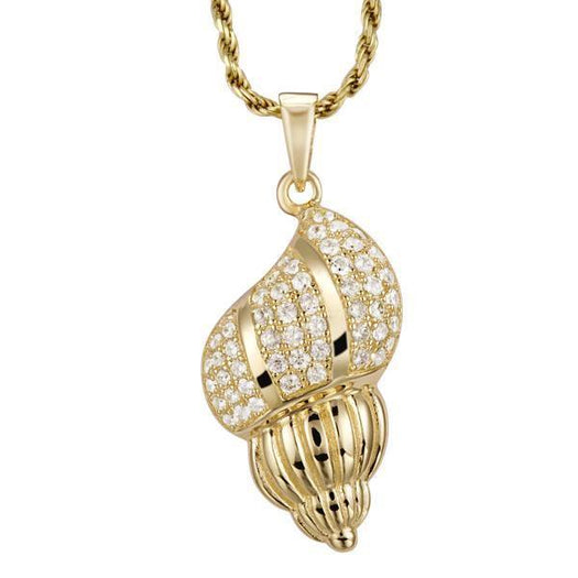 The picture shows a 14K yellow gold seashell pendant with diamonds.