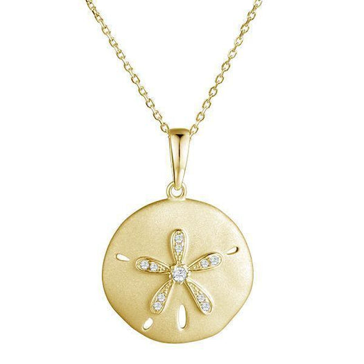 The picture shows a 14K yellow gold sand dollar pendant with diamonds.