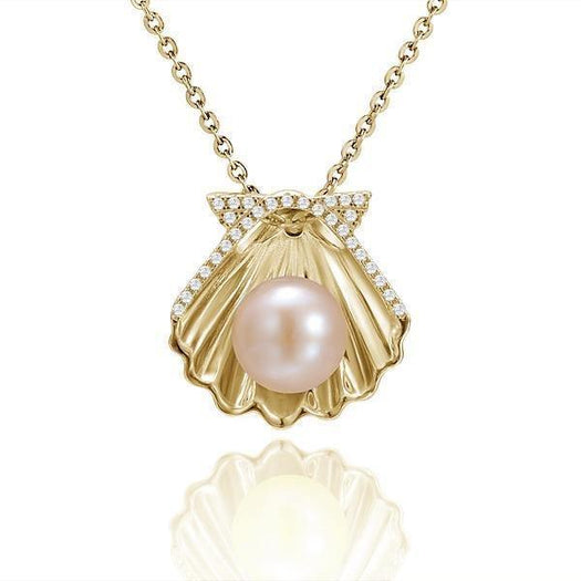 In this photo there is a yellow gold oyster shell pendant with diamonds and one light pink pearl.