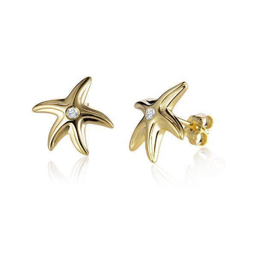 They picture shows a pair of 14k yellow gold starfish stud earrings with two diamonds.