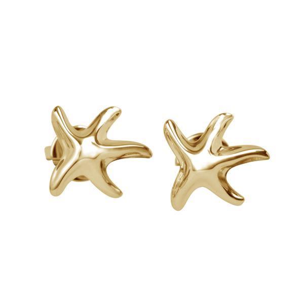 The picture shows a pair of 14K yellow gold starfish stud earrings.