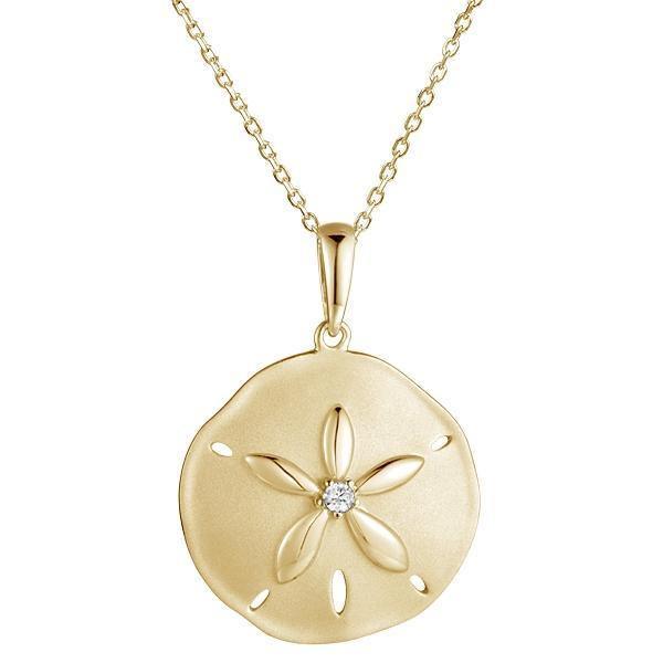 The picture shows a 14K yellow gold sand dollar pendant with a central diamond.