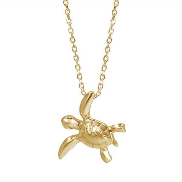 The picture shows a 14K yellow gold sea turtle necklace with one diamond.