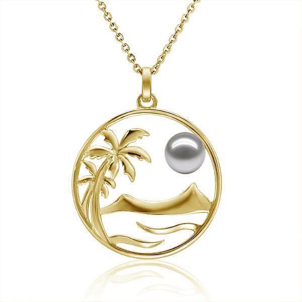 In this photo there is a yellow gold circle pendant with palm trees, diamond head mountain view, ocean waves, and one white/light gray Akoya pearl. 