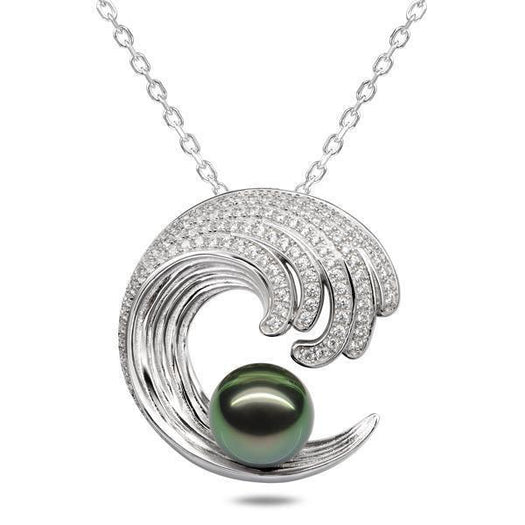 In this photo there is a white gold wave pendant with diamonds and one dark green pearl.