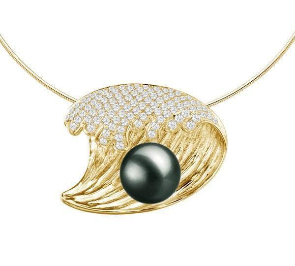 In this photo there is a yellow gold wave pendant with diamonds and one dark green pearl.