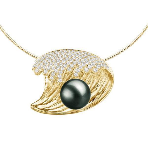In this photo there is a yellow gold wave pendant with diamonds and one dark green pearl.