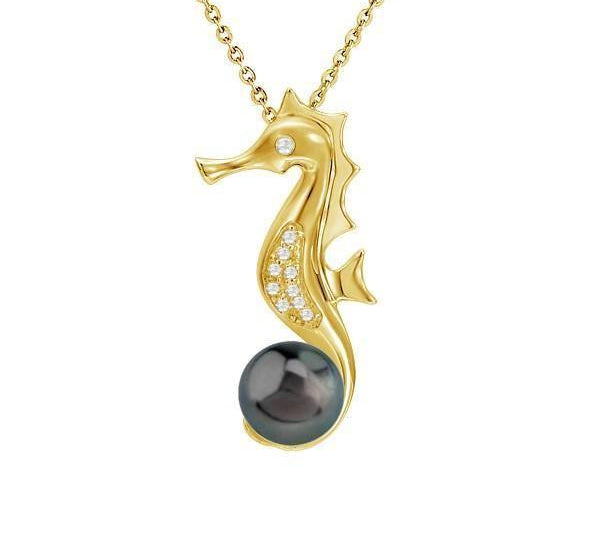 In this photo there is a yellow gold seahorse pendant with diamonds and one dark pearl.