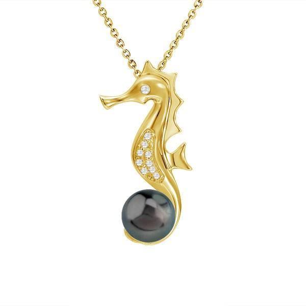 In this photo there is a yellow gold seahorse pendant with diamonds and one dark pearl.