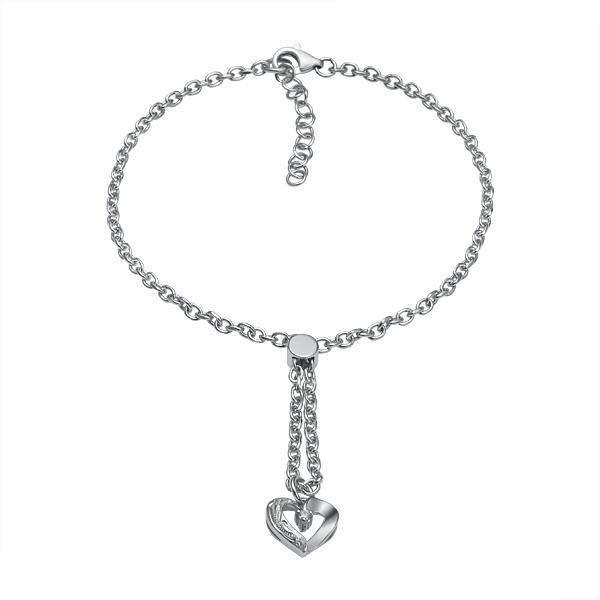 The picture shows a 14K white gold heart bracelet with one diamond and hand-engravings.