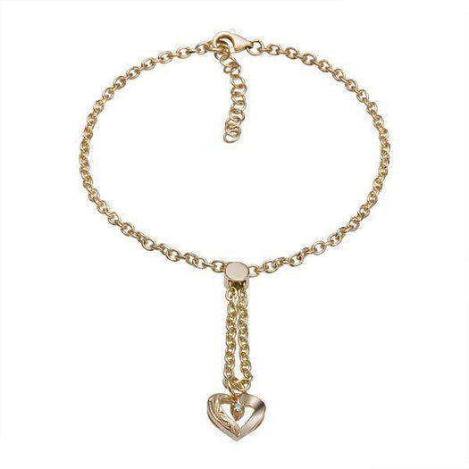 The picture shows a 14K yellow gold heart bracelet with one diamond and hand-engravings.