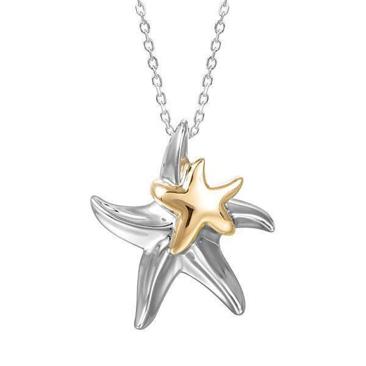 The picture shows a two starfish pendant, one 14K white gold and one 14K yellow gold.