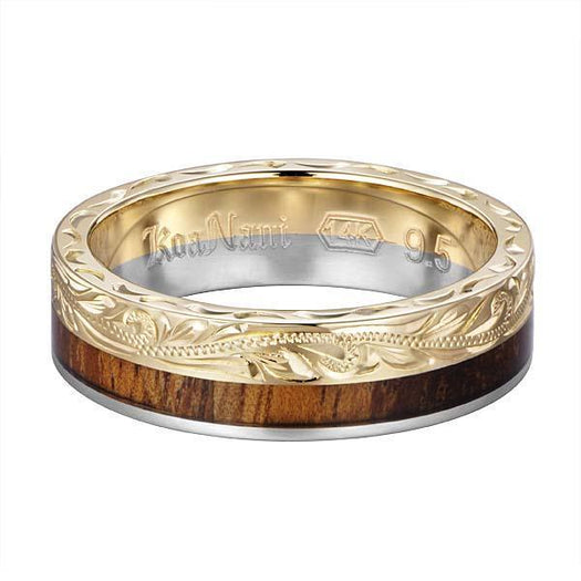 14K Two-Tone Gold Koa Wood Wave Ring 10