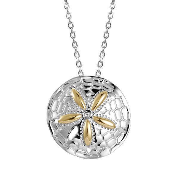 The picture shows a 14K two-tone yellow and white gold sand dollar pendant.