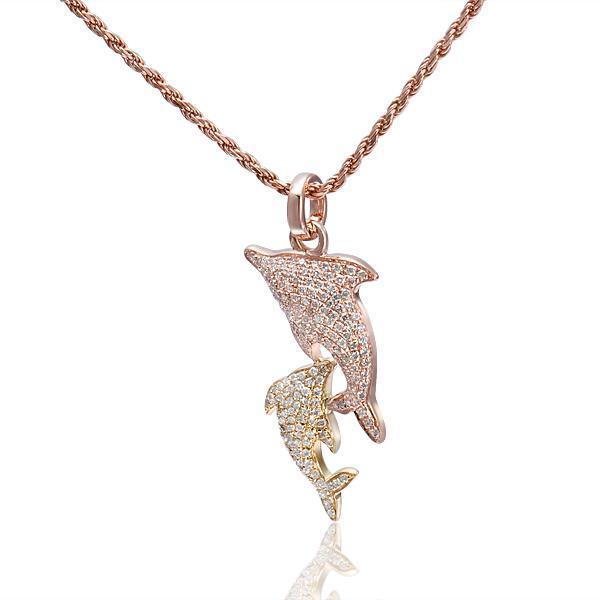 The picture shows a 14K rose and yellow gold two-tone 2 dolphin pendant with diamonds.