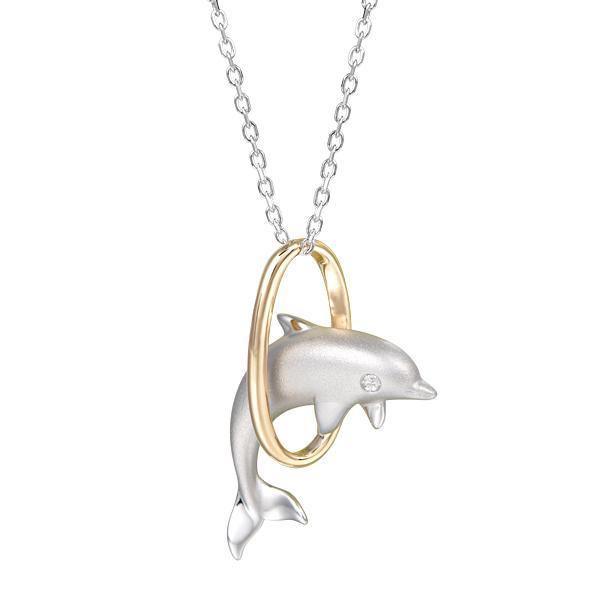The picture shows a 14K yellow and white gold dolphin pendant with one diamond.
