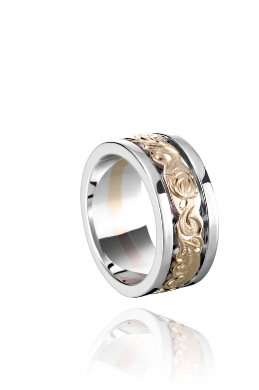 The picture shows a 14K two-tone yellow and white gold ring of 8 mm.