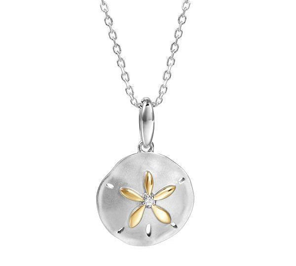 The picture shows a 14K two-tone white and yellow gold sand dollar pendant with a diamond.