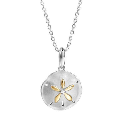 The picture shows a 14K two-tone white and yellow gold sand dollar pendant with a diamond.