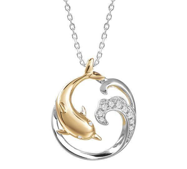 The picture shows a 14K yellow and white gold dolphin pendant with a wave and diamonds.