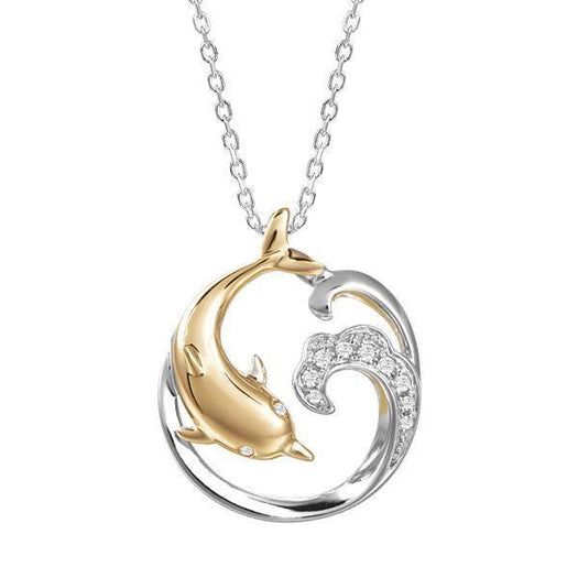 The picture shows a 14K yellow and white gold dolphin pendant with a wave and diamonds.