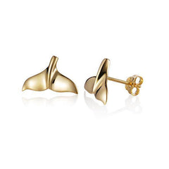 The picture shows a pair of 14K yellow gold whale tail stud earrings.