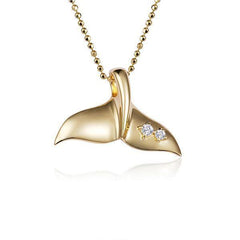 The picture shows a 14K yellow gold whale tail pendant with two diamonds.