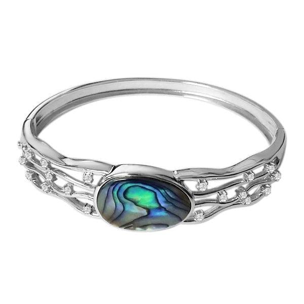 Sterling silver bangle featuring a Abalone shell oval, and inlayed topaz. 