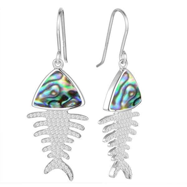 Sterling silver Fishbone hook earrings featuring abalone, and white topaz. 