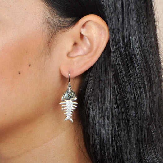 A model wearing Sterling silver Fishbone hook earrings featuring abalone, and white topaz. 