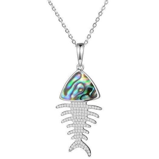 Sterling silver Fishbone Pendant featuring abalone, and white topaz. 