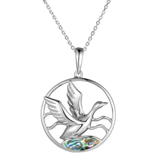 Sterling silver pendant designed to look like the Nene bird flying out of Abalone water.
