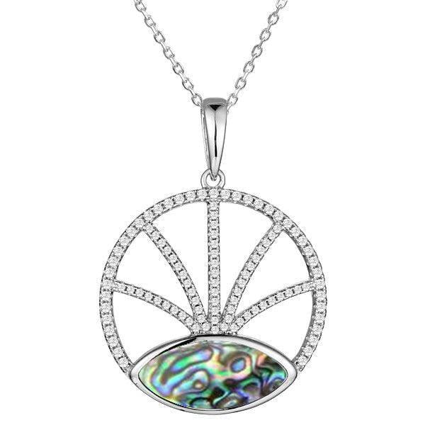 Sterling silver, white topaz, and abalone featured in a pendant with a unique design.