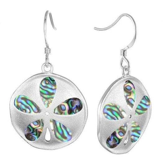 Sandblaster sterling silver sand dollar earrings with Iridescent abalone.